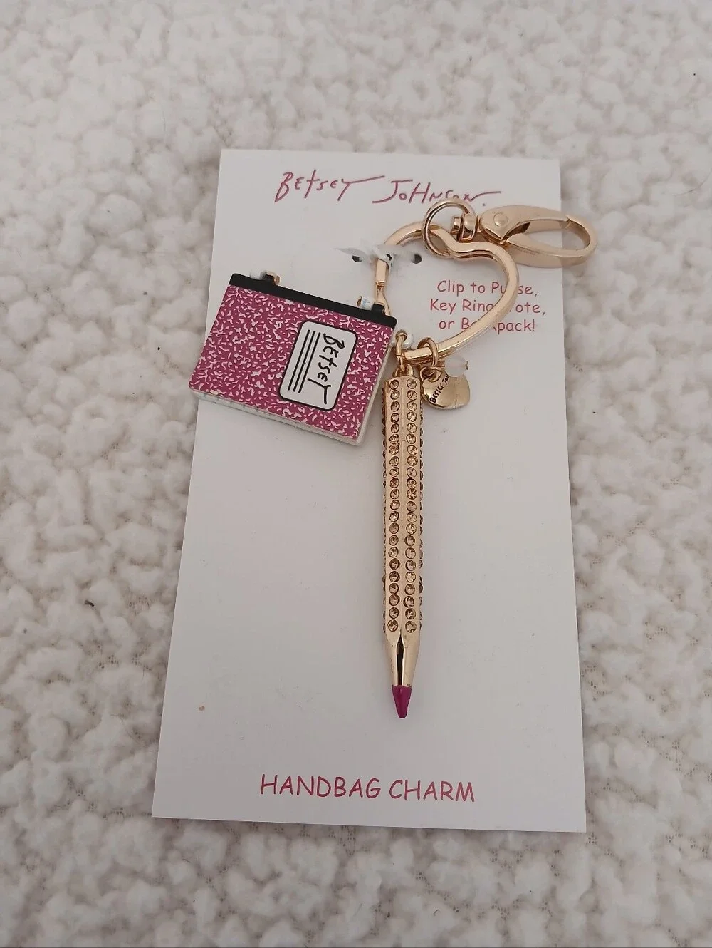 Betsey Johnson Pink Notebook & Gold Lipstick Handbag Charm Keychain